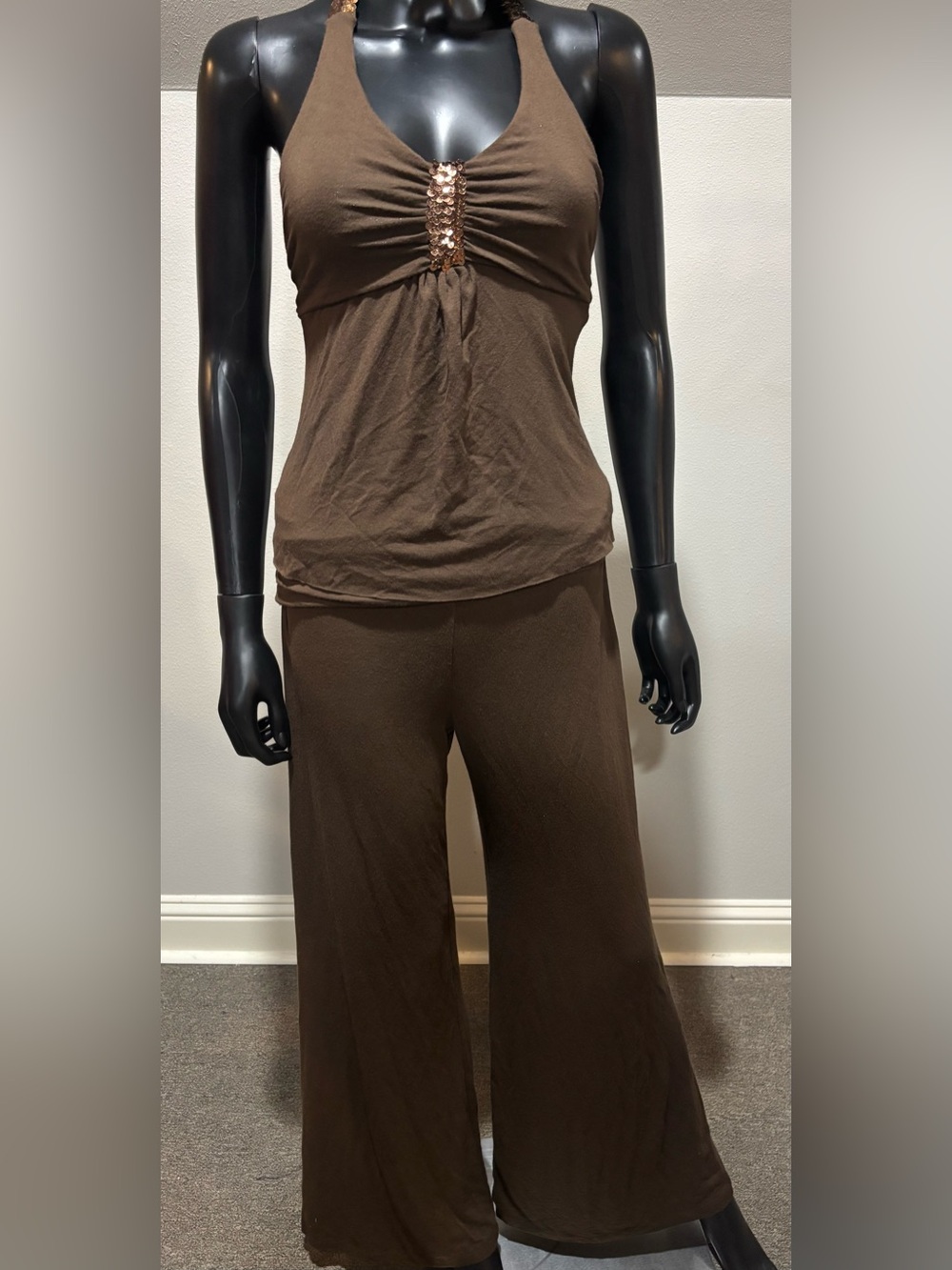 Metro 7 Brown Halter Psnt Set Embellished Sz Small Metro7